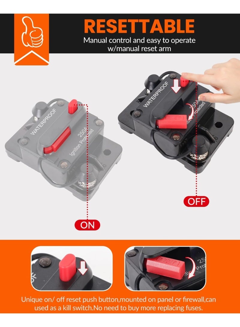250 Amp Waterproof Circuit Breaker with Manual Reset for Car Marine Trolling Motors Boat ATV Manual Power Protect for Audio System Fuse, 12V-48V DC (250A) - Image 4